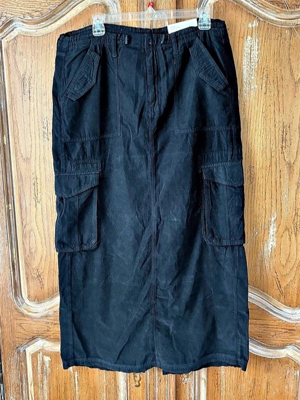 NWT American Eagle Black Corduroy Cargo Maxi Skirt Low Rise Adjustable Waist - 1